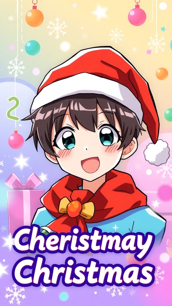 Y2K anime profile picture with a character in a Santa hat and colorful Christmas elements.
